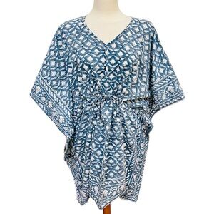 Sevya Handmade 100% Cotton Blue and White Printed Coverup Relaxed Fit